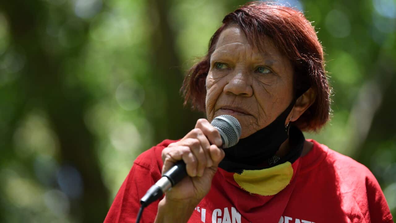 Leetona Dungay, mother of David Dungay Jr, speaks during a Black Lives Matter rally in Sydney on Monday.