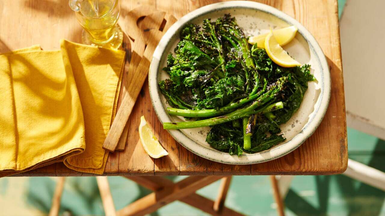 Charcoal grilled broccolini with shallot oil and lemon