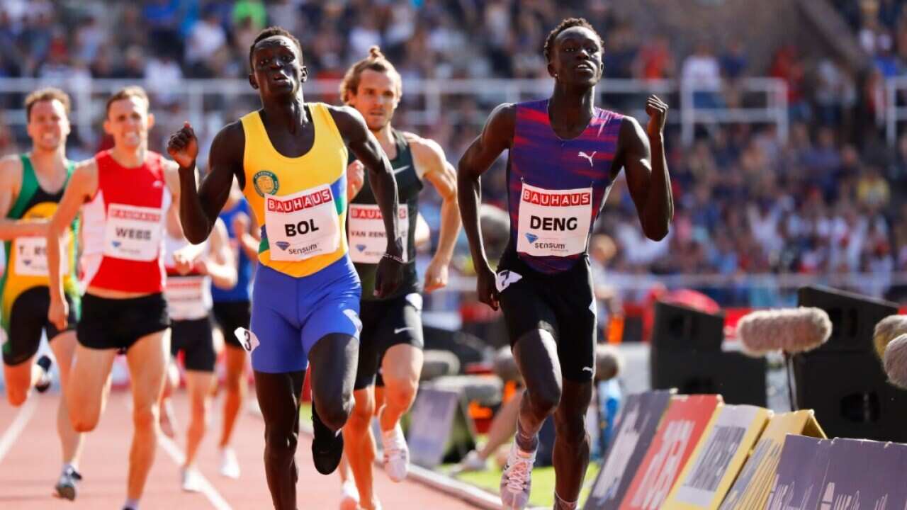 Joseph Deng (R) and Peter Bol (L) of Australia running in the men's 800m race at the IAAF Diamond League 2018.