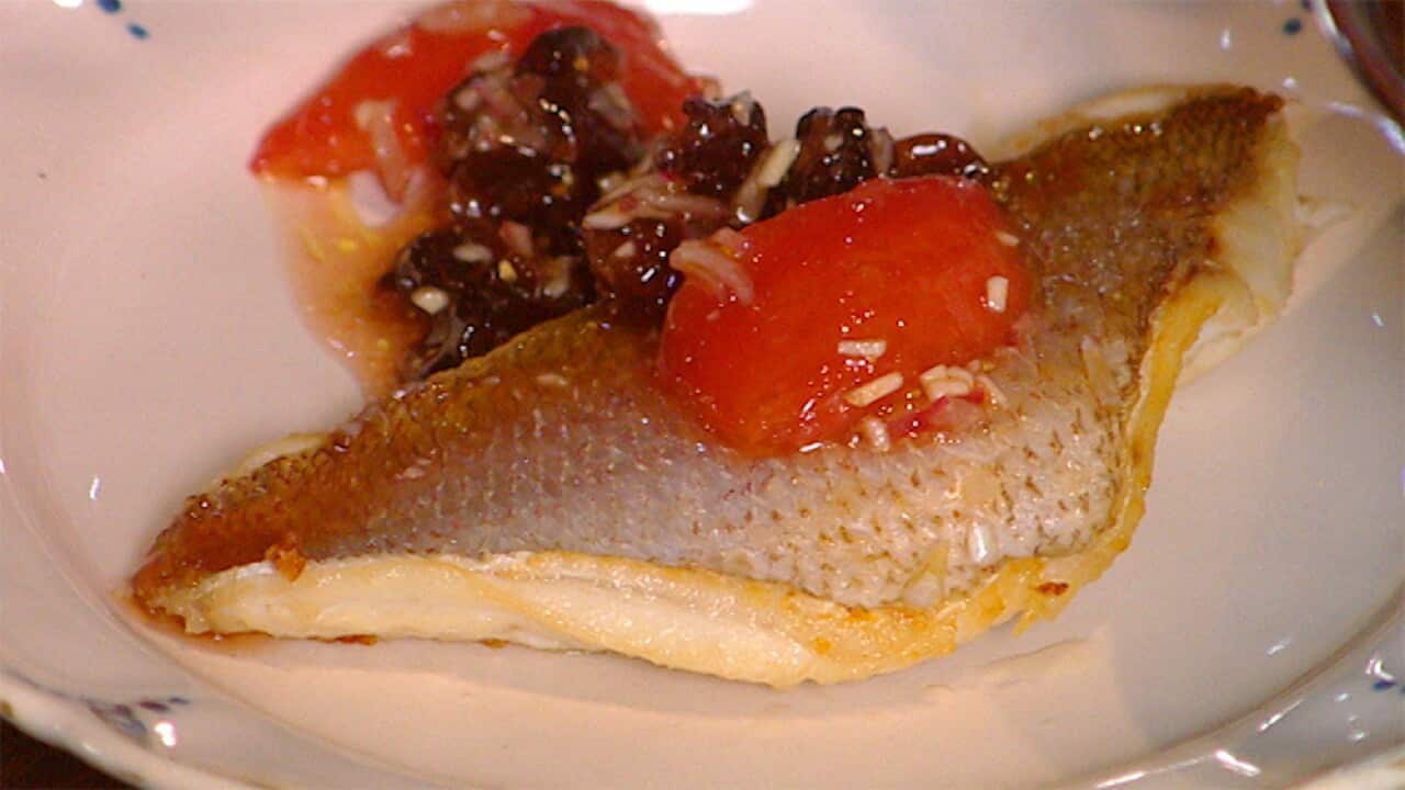 Pan-cooked snapper fillet with tea-scented sour cherry and tomato salad