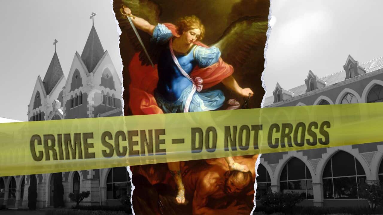 Graphic with art, a monastery and crime scene tape.
