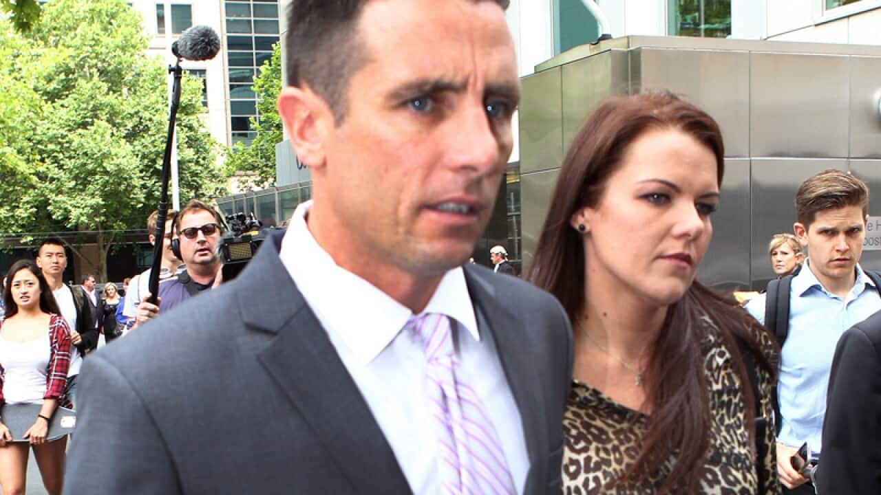 Stephen Milne and his wife Melissa leave the Victorian County Court