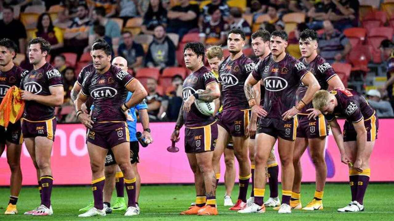 Broncos players are seen after a Cowboys try during the Round 20 NRL match between the Brisbane Broncos and North Queensland Cowboys at Suncorp Stadium in Brisbane, Thursday, September 24, 2020. (AAP Image/Darren England)