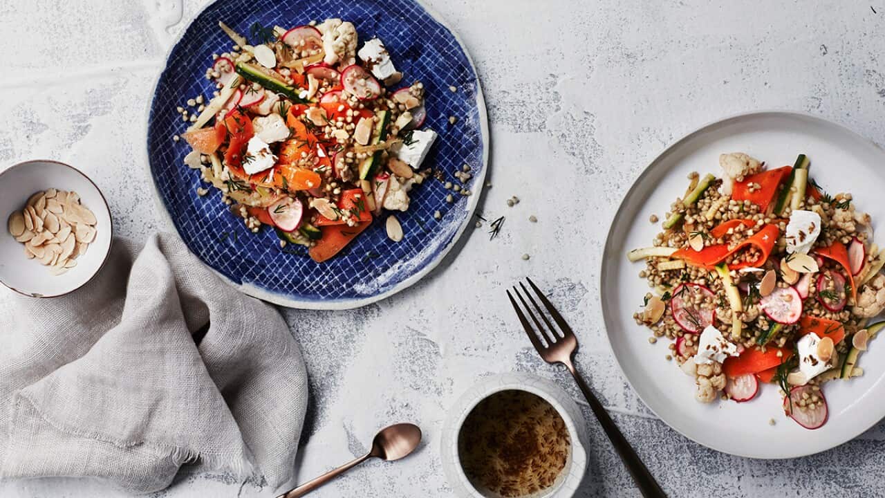 Warm pickled vegetable salad with buckwheat, preserved lemon and dill