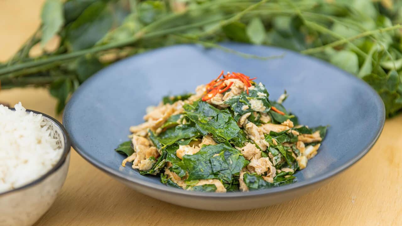 A wide grey-blue plate holds scrambled eggs and greens, topped with a few slices of chilli. A bowl of rice sits to one side. Long stems of a leafy green can be seen, out of focus, in the background.