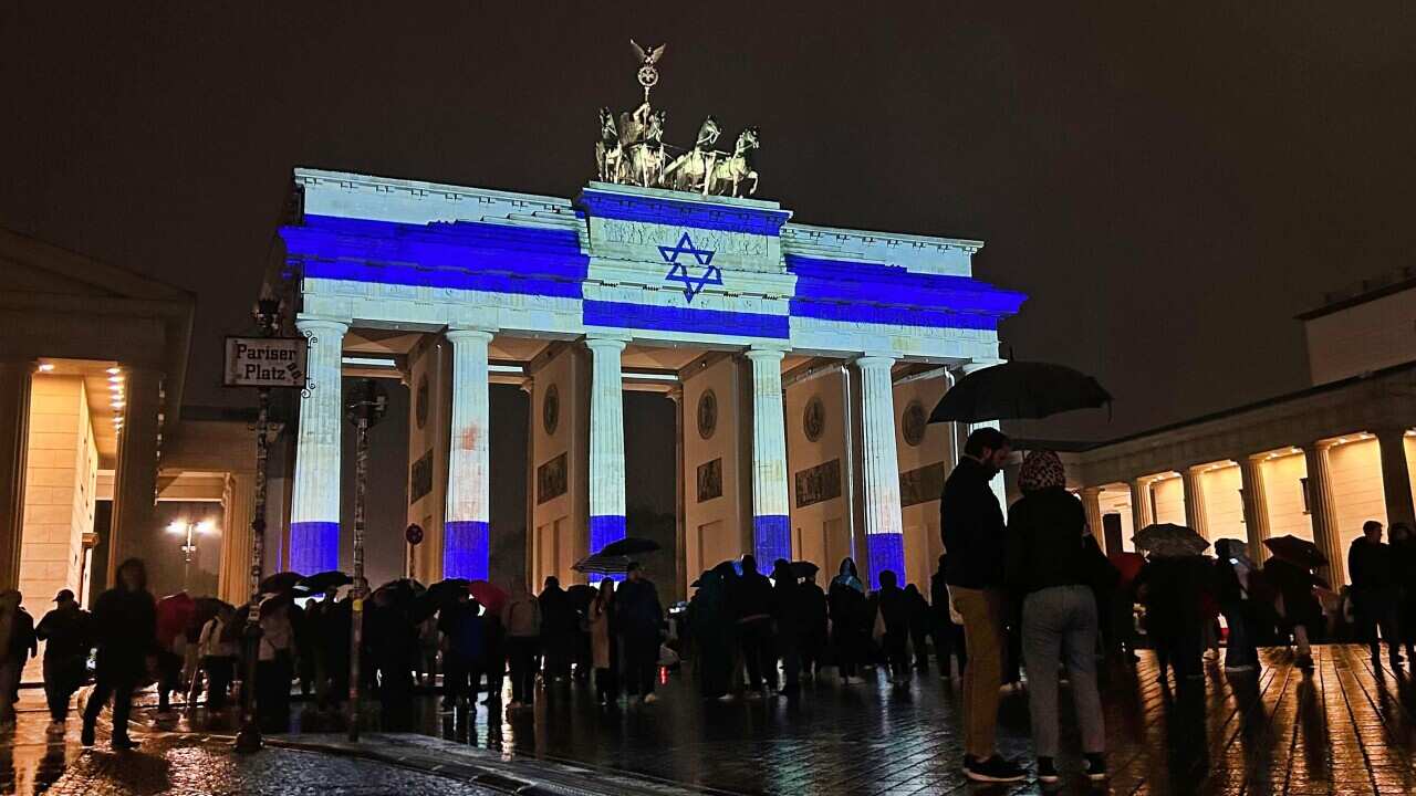 Brandenburg Gate illuminated with Israeli flag