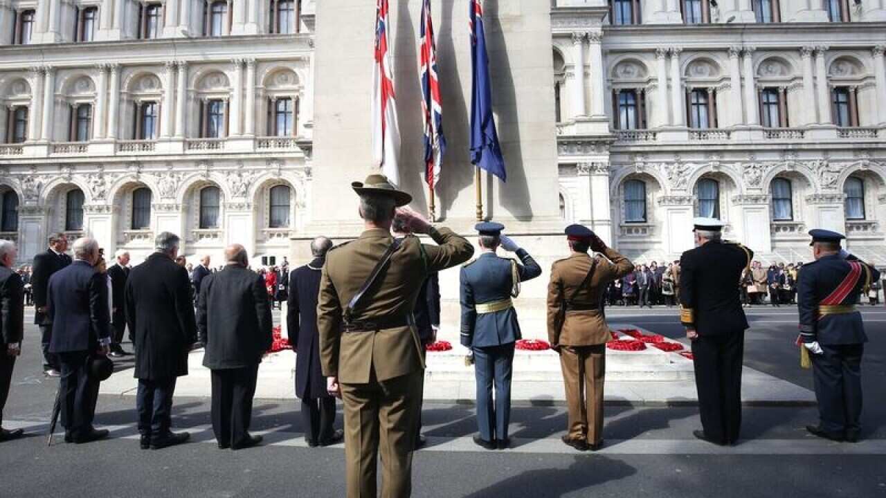 A file image of the wreaths laid at the Whitehall Cenotaph