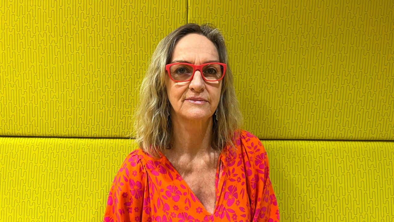 a middle-aged woman with shoulder length hair, thick framed red glasses and colourful orange and red dress has a neutral expression to the camera in front of a yellow background
