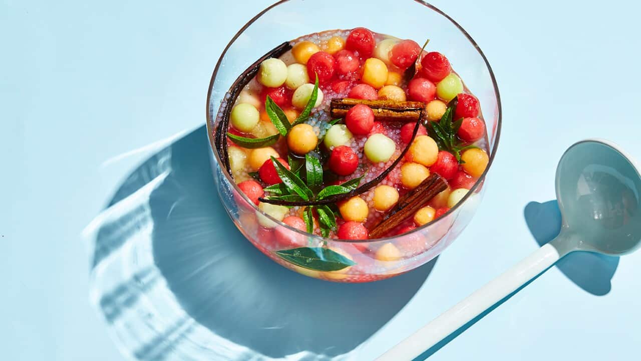 Sago and melon balls with rosewater and cinnamon