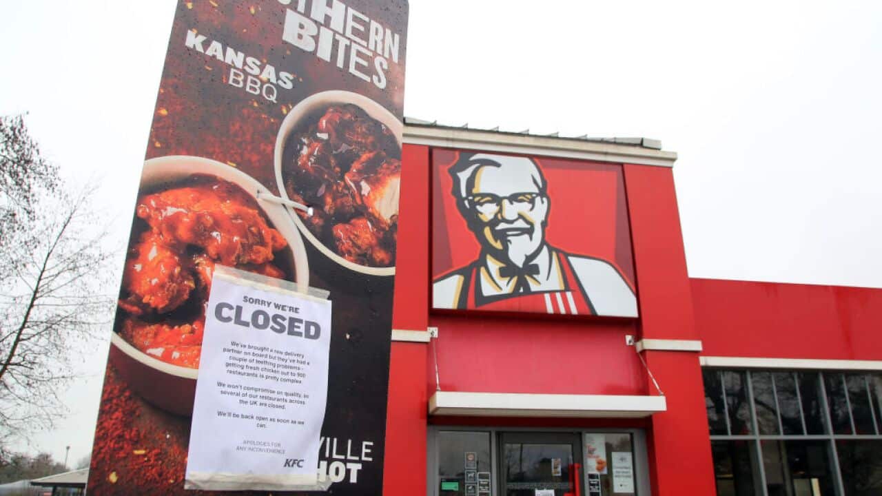 A closed sign outside a KFC restaurant near Ashford, Kent
