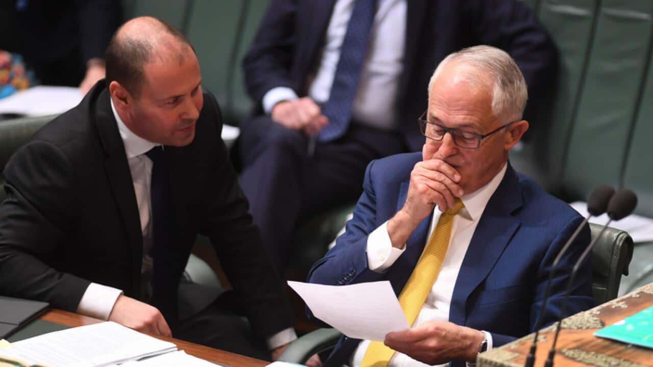 Federal Energy Minister Josh Frydenberg and PM Malcolm Turnbull during Question Time