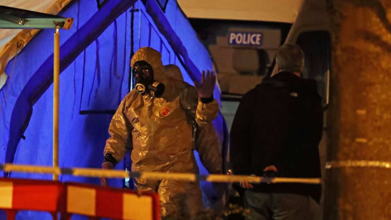 Investigators next to a police tent outside the Mill pub at the Maltings in Salisbury where former Russian double agent Sergei Skripal was found critically ill.