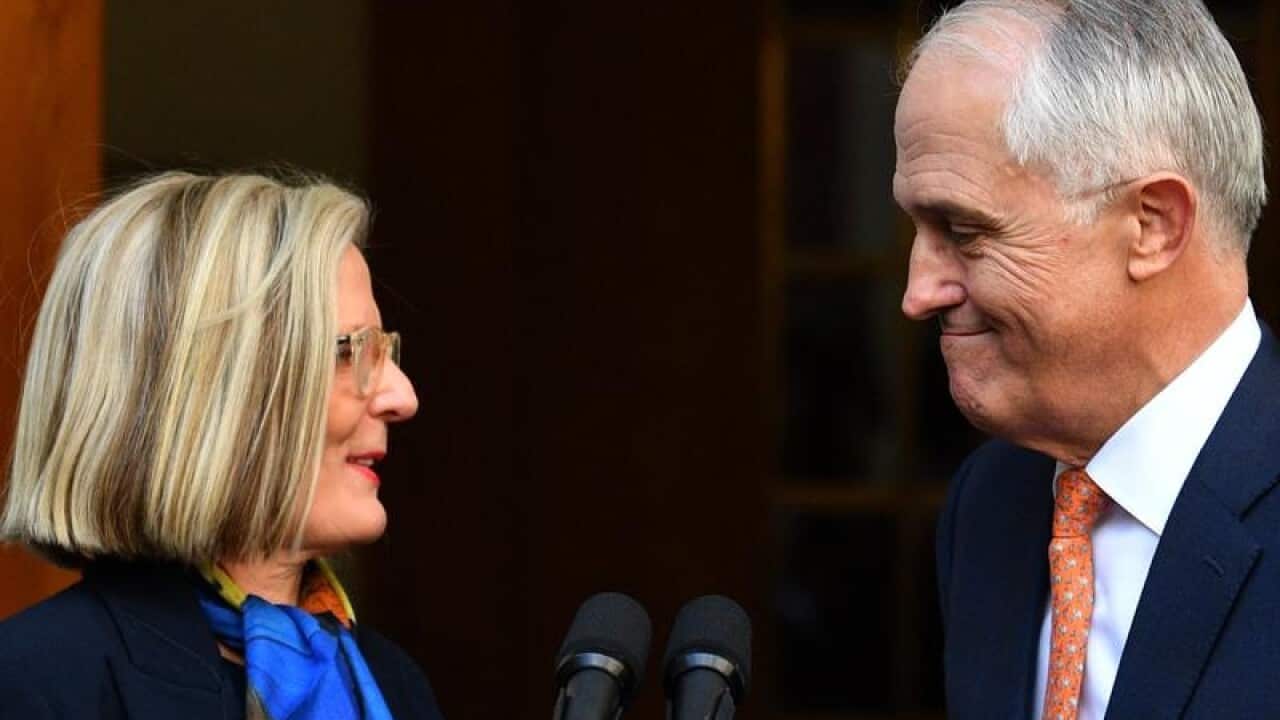 Malcolm and Lucy Turnbull at his farewell Canberra press conference.