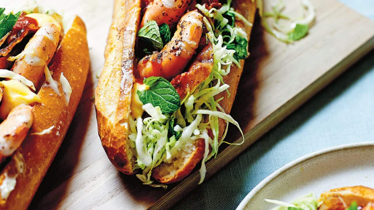 Prawn baguette with minted cabbage and sumac