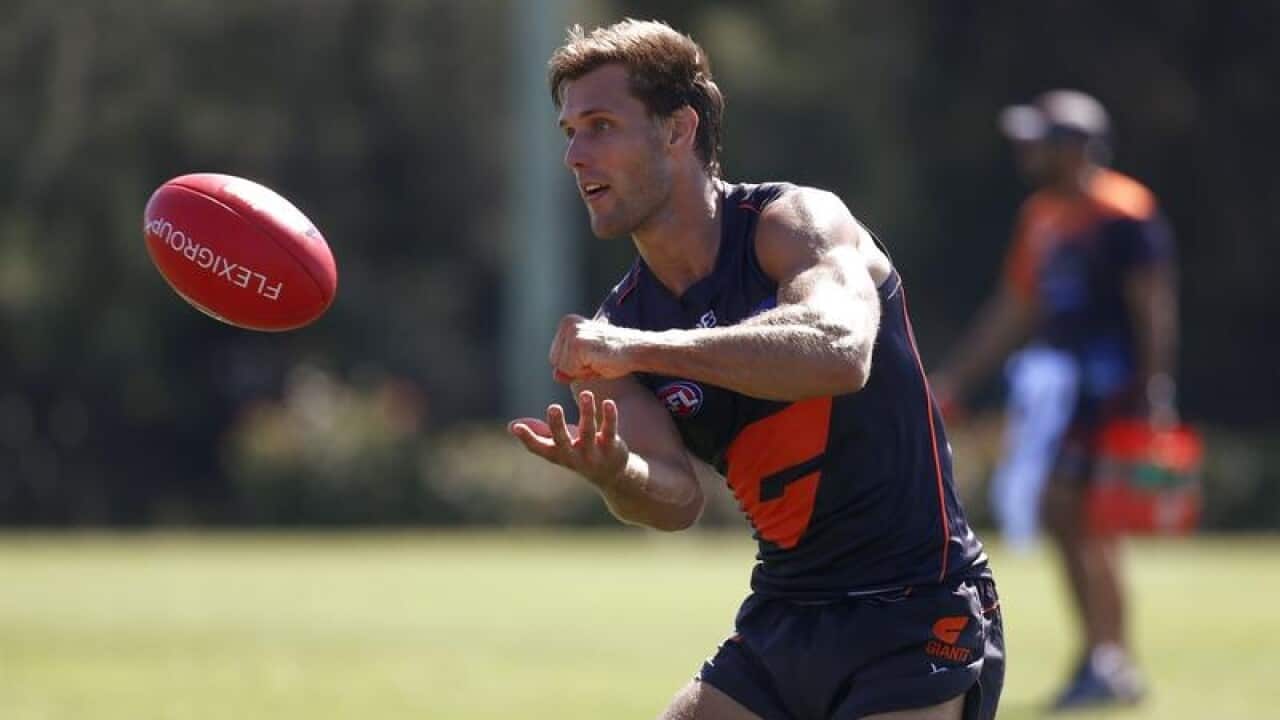 GWS player Matt de Boer passes the ball during a team training.