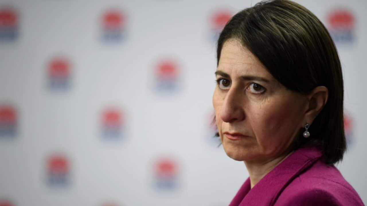 NSW Premier Gladys Berejiklian looks on during a press conference in Sydney, Sunday, July 12, 2020.