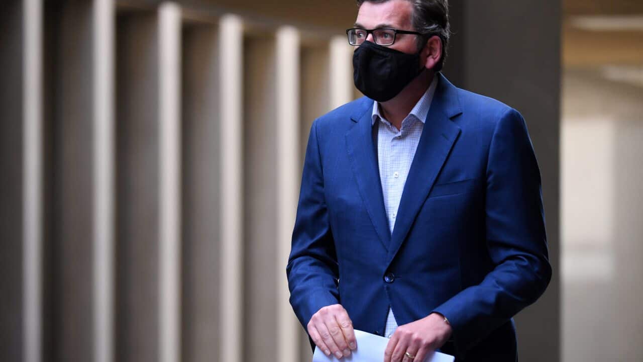 Victorian Premier Daniel Andrews arrives to a press conference in Melbourne, Wednesday, September 16, 2020. Victoria has recorded 42 new cases of coronavirus and 8 deaths in the past 24 hours. (AAP Image/James Ross) NO ARCHIVING