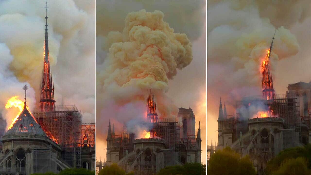 A huge fire swept through the roof of the famed Notre-Dame Cathedral in central Paris on Monday evening, sending flames and huge clouds of grey smoke billowing
