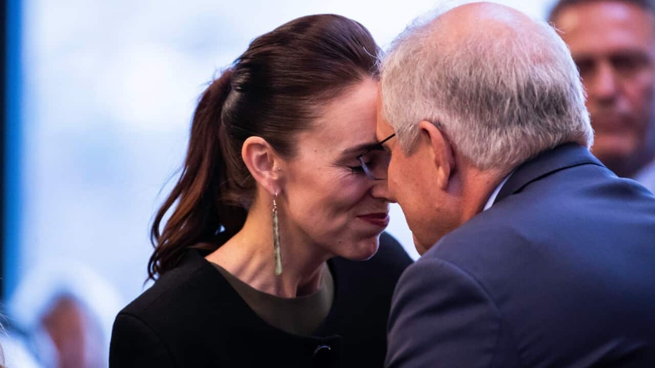 New Zealand Prime Minister Jacinda Ardern does a 'hongi' with Australian Prime Minister Scott Morrison during the Powhiri, a traditional Maori greeting at the Rees Hotel in Queenstown, New Zealand,