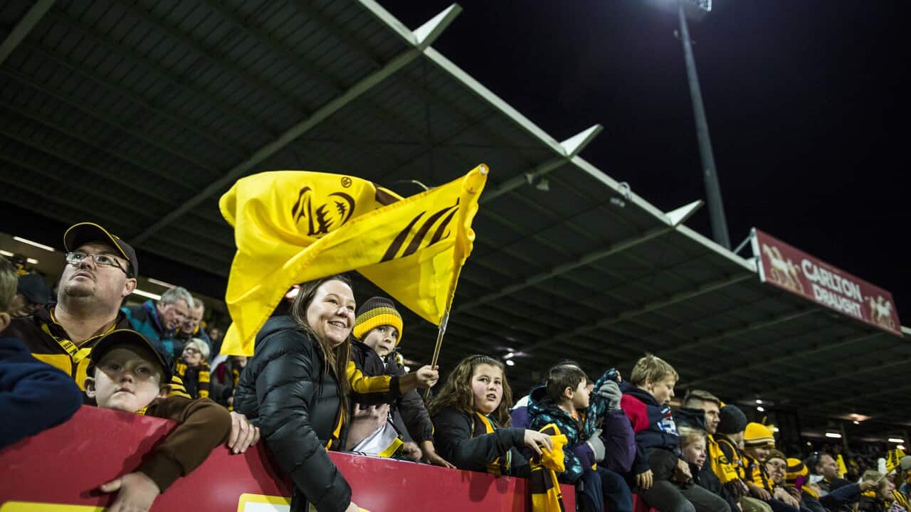 Hawthorn fans wave the flag after the final sirenduring the Round 15 AFL match between the Hawthorn Hawks and the Fremantle Dockers at Aurora Stadium in Launceston, Tasmania, Sunday, July 12, 2015. (AAP Image/Heath Holden) NO ARCHIVING, EDITORIAL USE ONLY