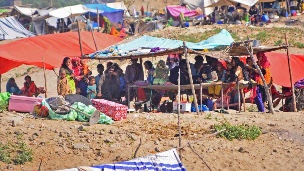 Internally displaced flood-affected people take refuge at a makeshift camp in Dadu district of Sindh province (Getty)
