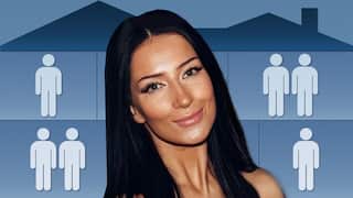 a close up of a young woman with black hair and the background is a blue house with multiple rooms and stick figures