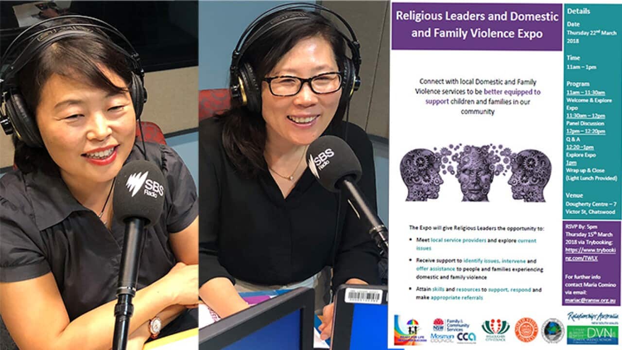 Relationships Australia's Korean consultant Mina Kim (left) and Community Builders manager Young Byun(right) join SBS radio studio.