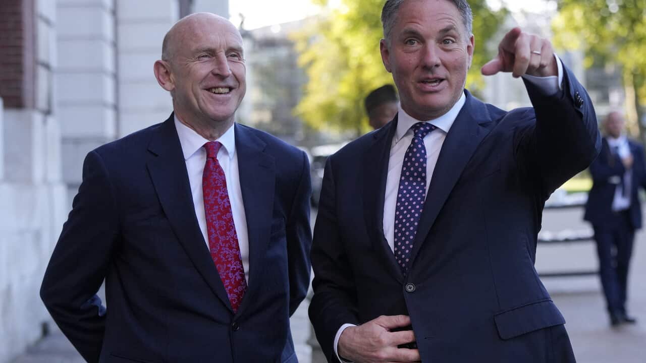 John Healy and Richard Marles smile next to each other in suits.