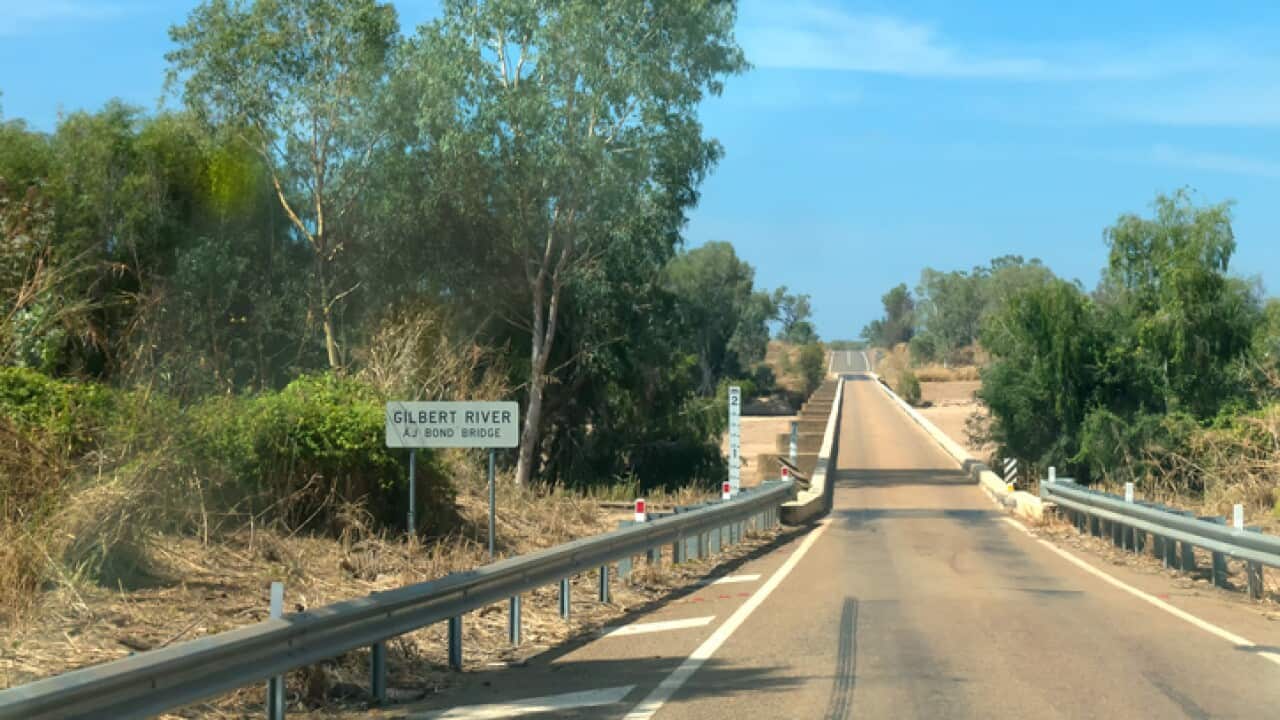Low bridge over the dry Gilbert River in the outback of Queensland in Australia