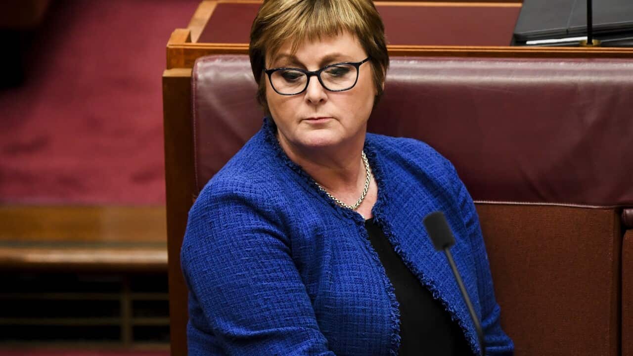 Australian Defence Minister Linda Reynolds reacts during Question Time in the Senate chamber at Parliament House in Canberra, Tuesday, February 23, 2021. (AAP Image/Lukas Coch) NO ARCHIVING