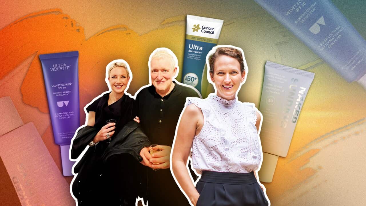 Three people smiling. Behind them are bottles of sunscreen and a rainbow wash background.