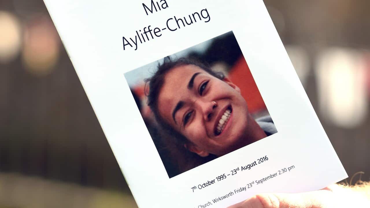 An Order of Service is held outside St Mary's Church in Wirksworth, Derbyshire, ahead of a memorial service for Mia Ayliffe-Chung