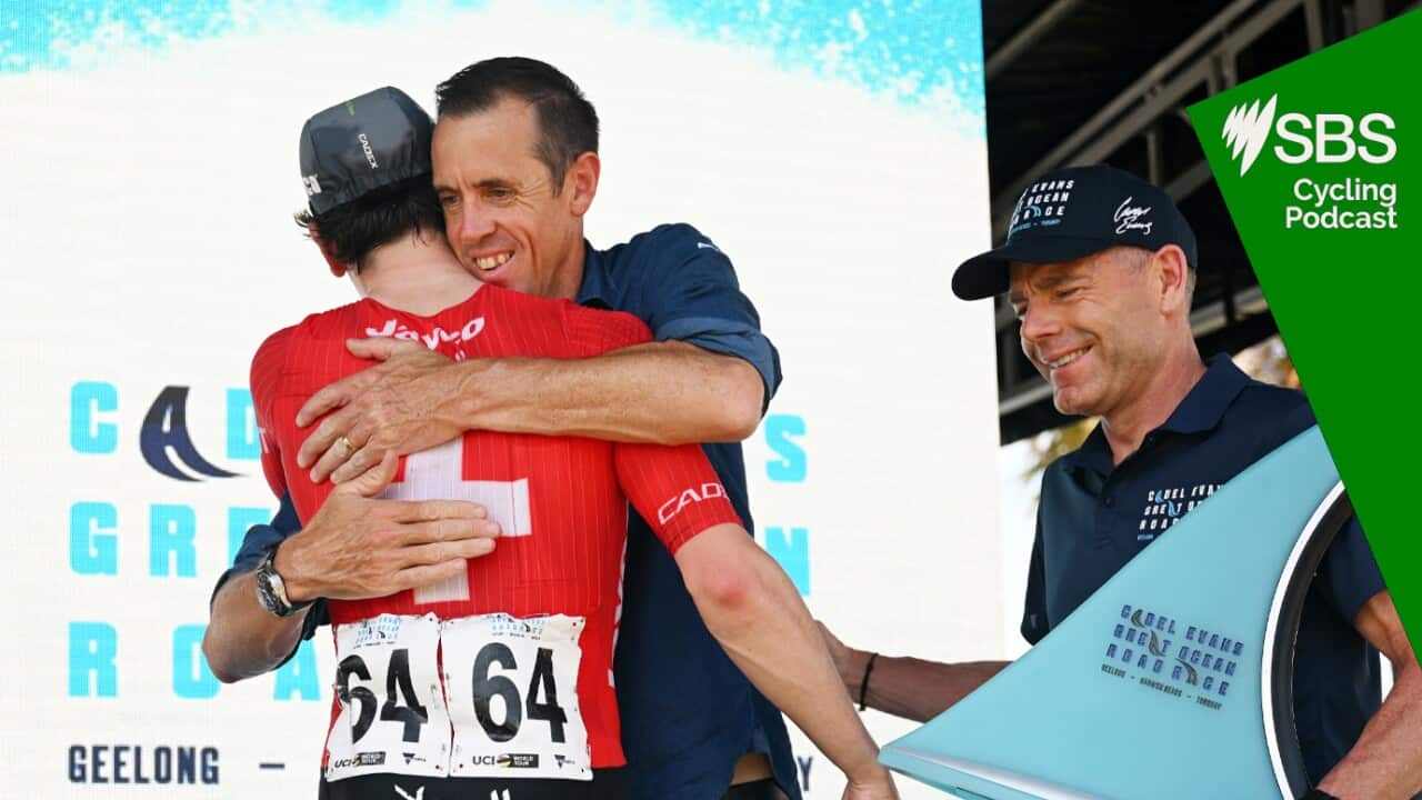 GEELONG, AUSTRALIA - FEBRUARY 02: (L-R) Race winner, Mauro Schmid of Switzerland and Team Jayco AlUla, ex-professional cyclist, Mathew Hayman and ex-professional cyclist, Cadel Evans pose at podium during the 9th Cadel Evans Great Ocean Road Race 2025, Men's Elite a 183.8km one day race from Geelong to Geelong / #UCIWT / on February 02, 2025 in Geelong, Australia. (Photo by Dario Belingheri/Getty Images)