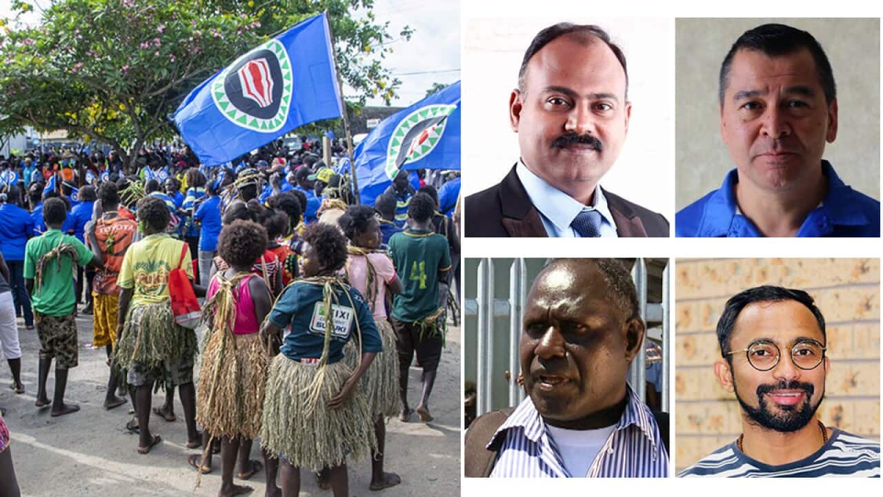 Clockwise: Mr Sasindran Muthuvel, Bougainville's Chief Referendum Officer Mauricio Claudio, Nirmanusan Balasundaram and Former Bougainville Revolutionary Army commander Sam Kauona