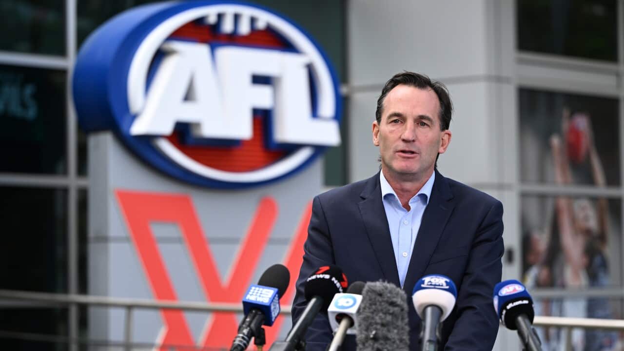 AFL CEO Andrew Dillon speaks to media during a press conference, in Melbourne on Wednesday, 27 March 2024.