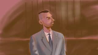 A court sketch depicts a man wearing a suit and a tie sitting in court