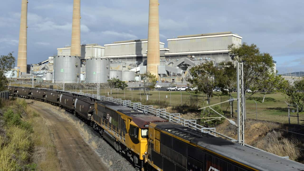 A coal train leaves the Gladstone Power Station