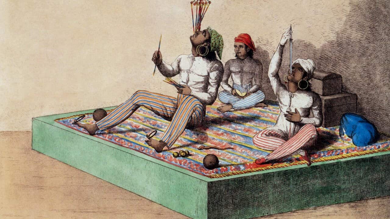 Indian jugglers and fakirs in London, engraving, 1813. (Photo by APIC/Getty Images)