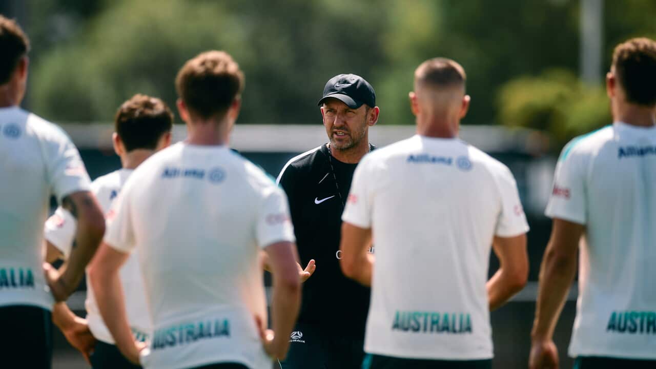 Head Coach Tony Popovic addressing members of the Australian Socceroos squad during a FIFA World Cup pre-camp training session in Sarasota, Florida , USA , Thursday, May 21, 2026