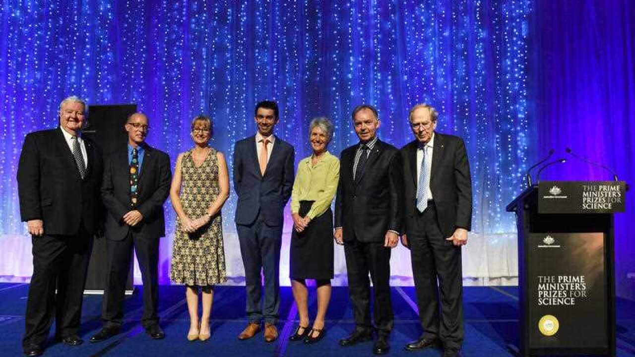 Australia's Chief Scientist Ian Chubb with the 2015 winners of Prime Minister's Prizes for Science Dr Ken Silburn, Rebecca Johnson, Associate Professor Cyrille Boyer, Dr Jane Elith, Professor Graham Farquhar and Professor Graeme Jameson