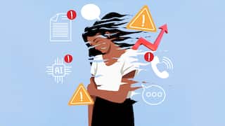 An illustrated graphic depicting a woman with dark brown hair clutching her stomach and looking forlorn, while app notifications swirl around her.