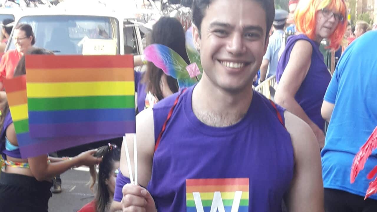Bijan Kardouni, who fled Iran because of his sexual identity, attends the Mardi Gras in Sydney.