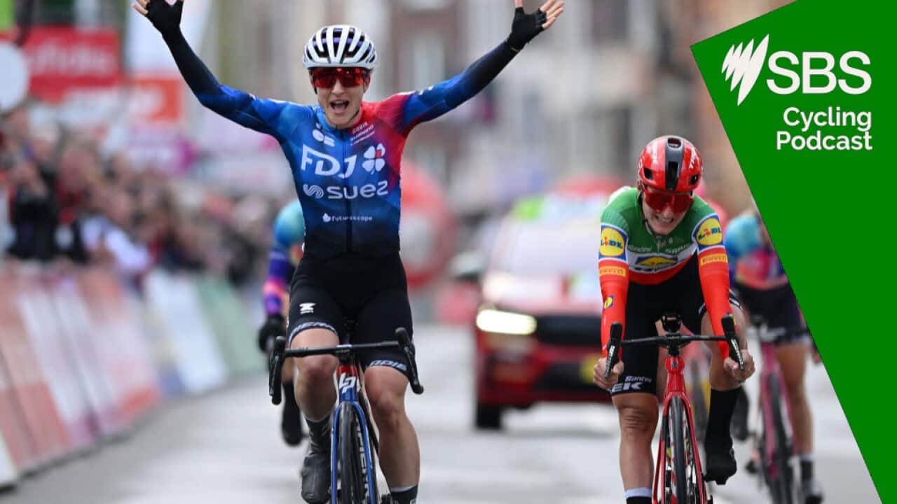 LIEGE, BELGIUM - APRIL 24: (EDITOR'S NOTE: Alternate crop) (L-R) Grace Brown of Australia and Team FDJ Suez celebrates at finish line as race winner ahead of Elisa Longo Borghini of Italy and Team Lidl - Trek during the 8th Liege - Bastogne - Liege Femmes 2024 a 152.9km one day race from Bastogne to Liege / #UCIWWT / on April 24, 2024 in Liege, Belgium. (Photo by Dario Belingheri/Getty Images)