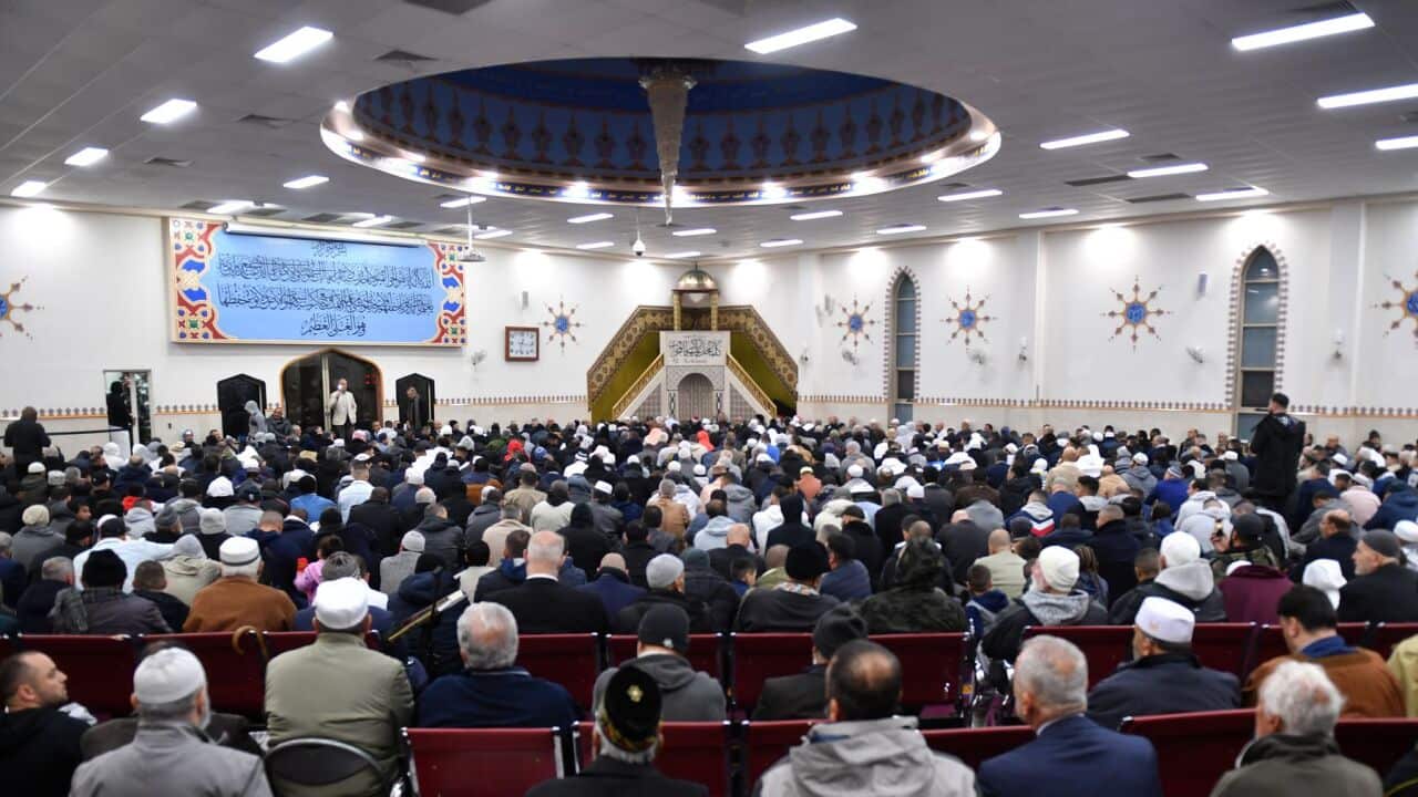 Members of the muslim community celebrate Eid al-Fitr, marking the end of the month-long fast of Ramadan with prayer at Lakemba Mosque in Sydney.