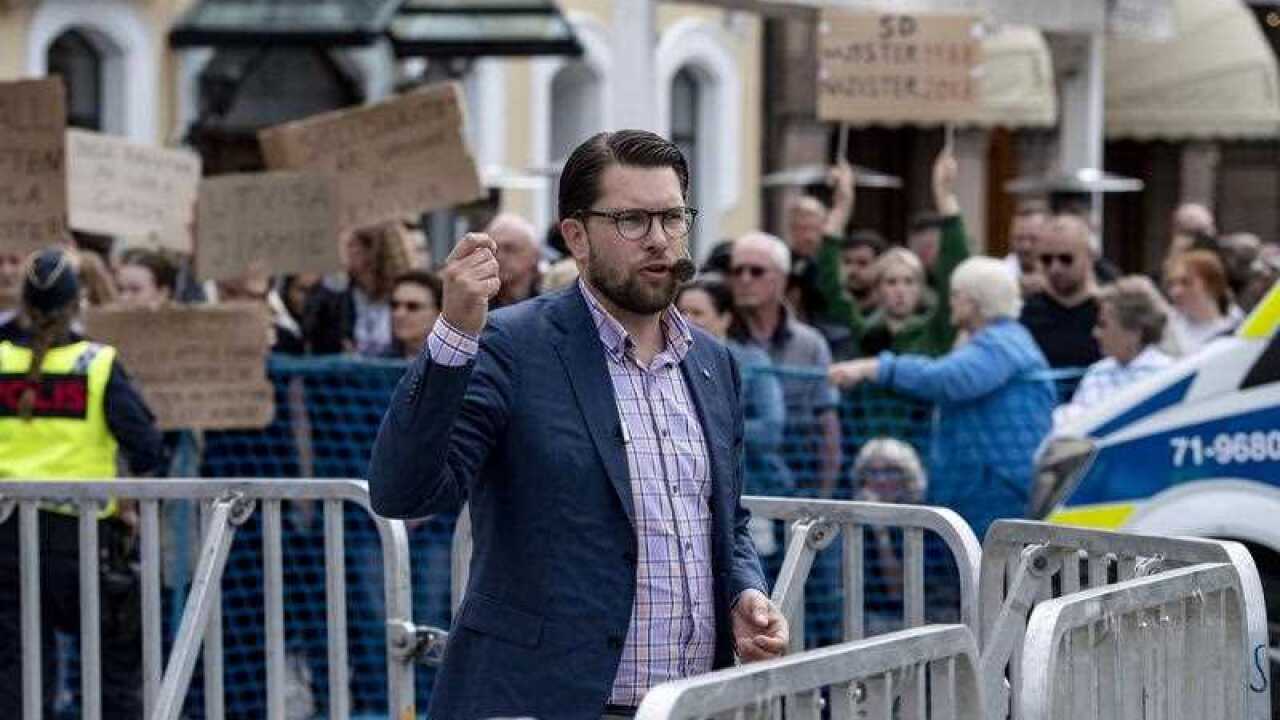 Sweden Democrats party leader Jimmie Akesson gives a speech in Landskrona.