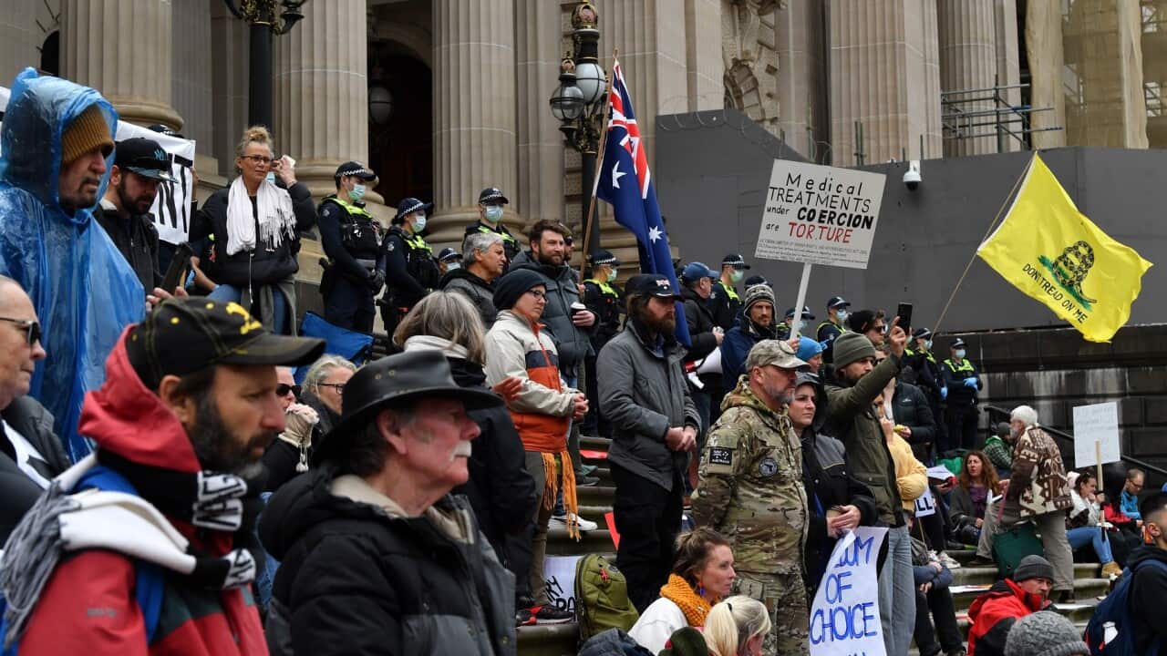 Protesters outside Victorian State Parliament in Melbourne