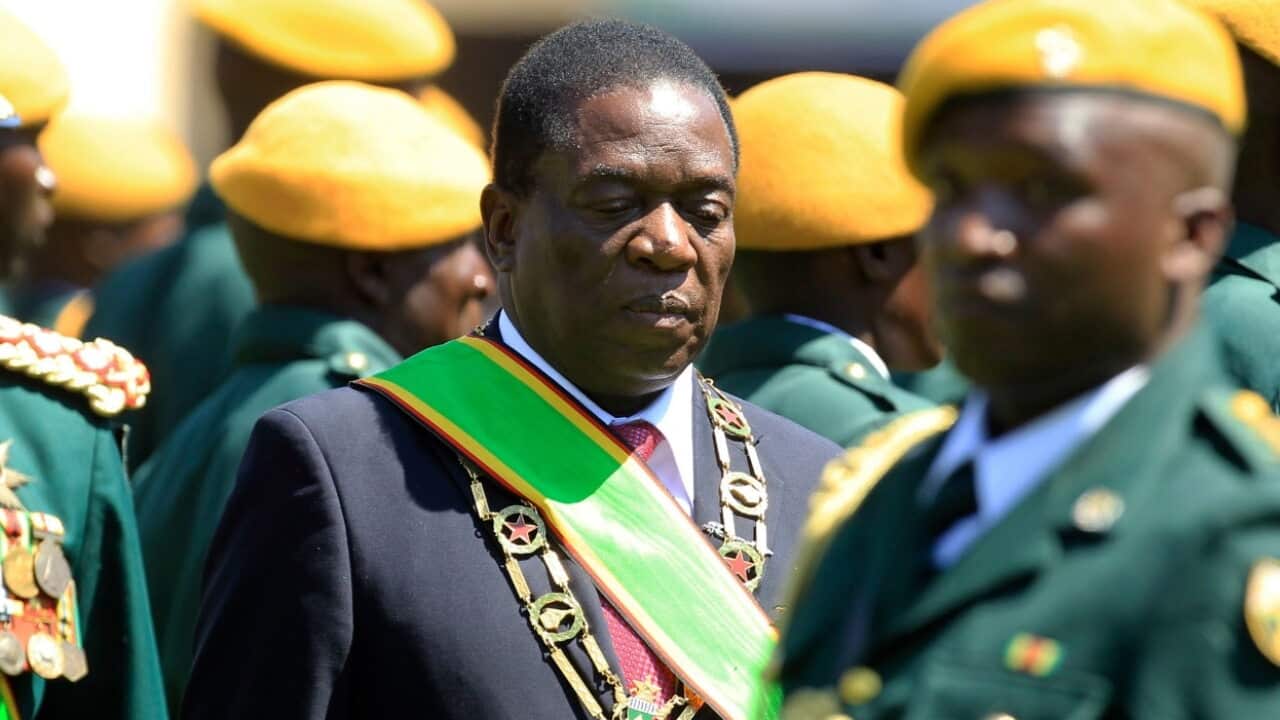 Zimbabwean President Emmerson Mnangagwa inspects the guard of honour during his inauguration ceremony