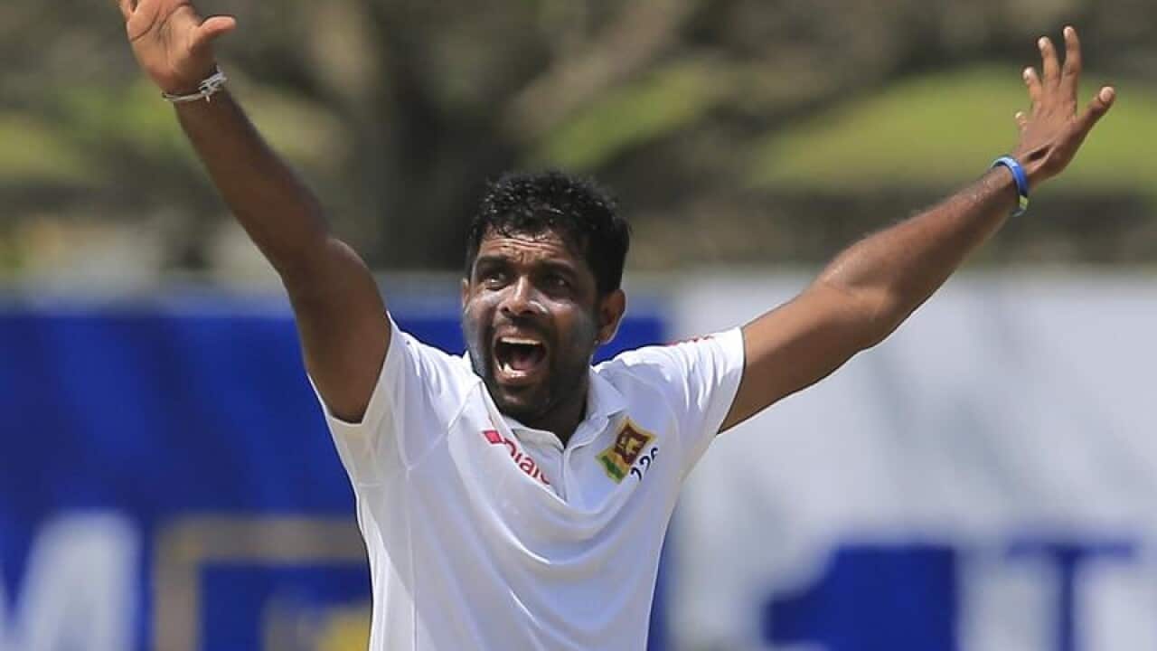 Sri Lanka's Dilruwan Perera reacts during a game against South Africa.