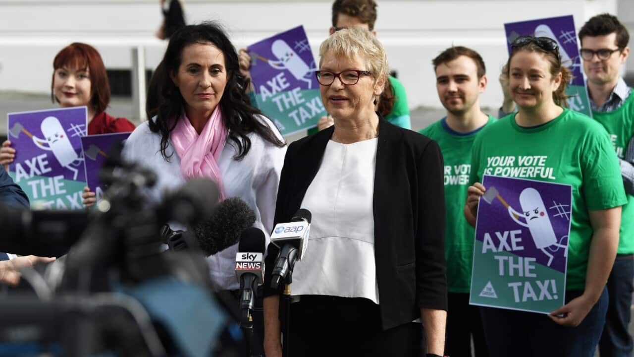 Victorian Greens Senator Janet Rice (centre) addresses the media outside of the Commonwealth Parliament Offices in Melbourne, Wednesday, October 3, 2018.