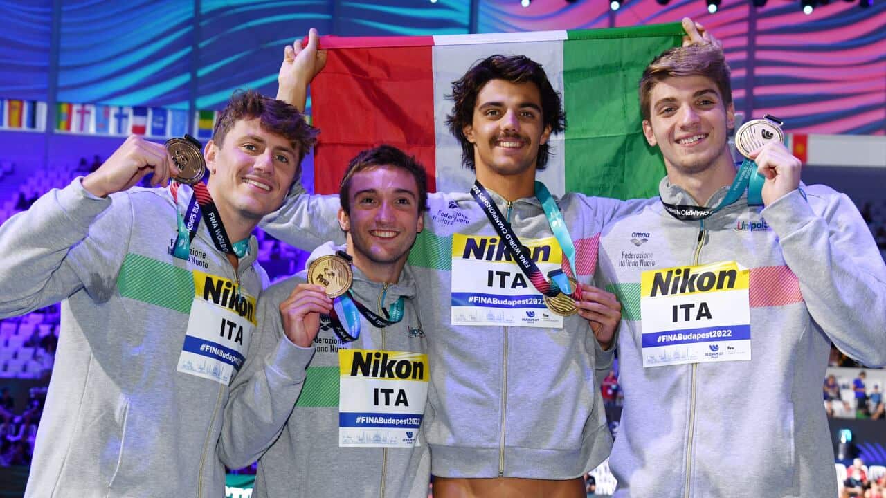 Martinenghi, Burdisso, Ceccon e Miressi, gli azzurri della staffetta 4x100 mista che ha conquistato l'oro ai Mondiali di nuoto